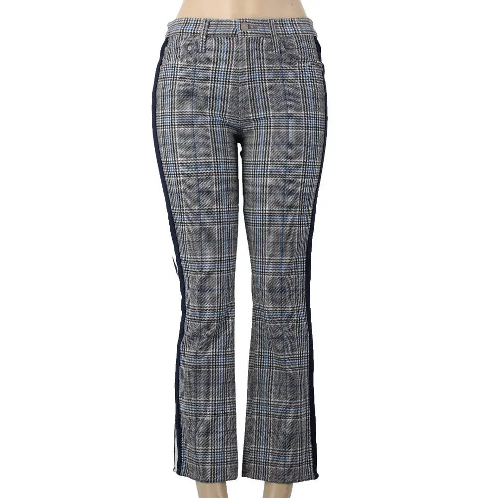 Mother Pant Sz 28 x 27 Black Blue White Striped Side Plaid Straight Cotton Pant - Picture 2 of 16